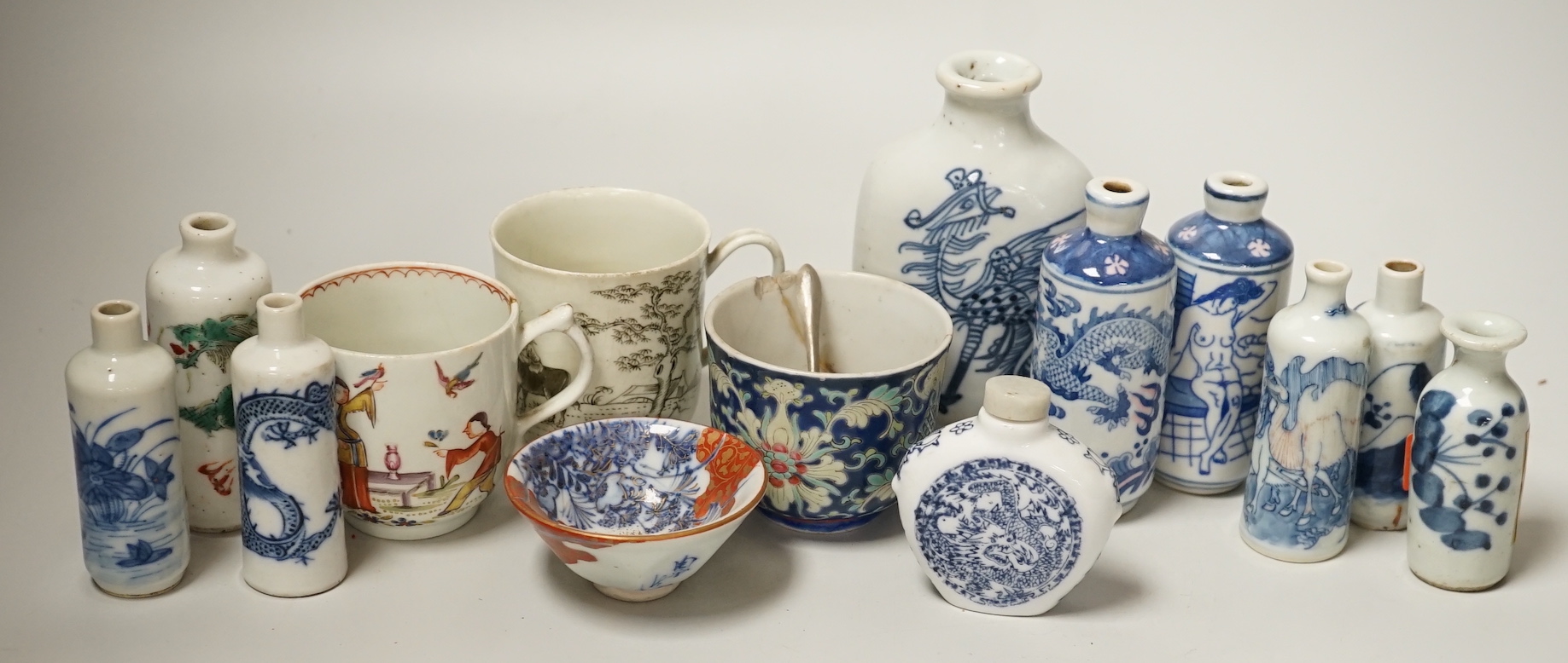 A group of Chinese porcelain snuff bottles and other export Chinese porcelain, an English porcelain cup, etc